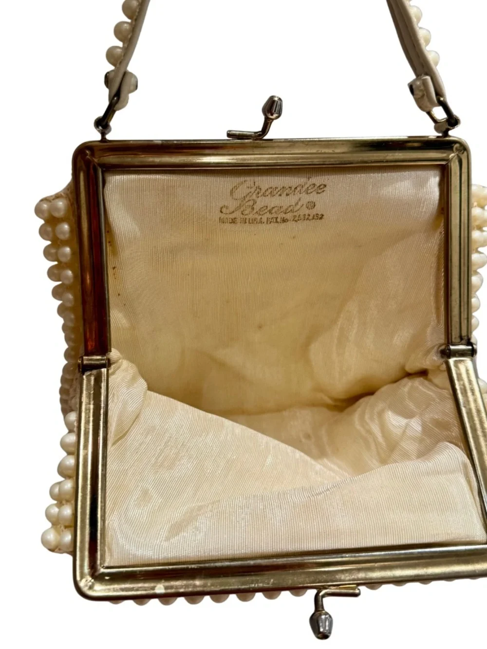 Vintage Pearl-Embellished Cream Frame Clutch Purse Handbag - Retro!